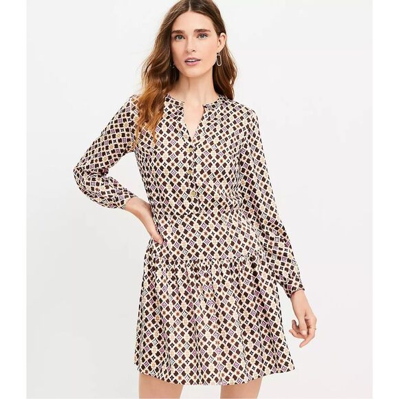 LOFT Geo Print Split Neck Flare Dress Size 12 Fit & Flare Career Casual Style
